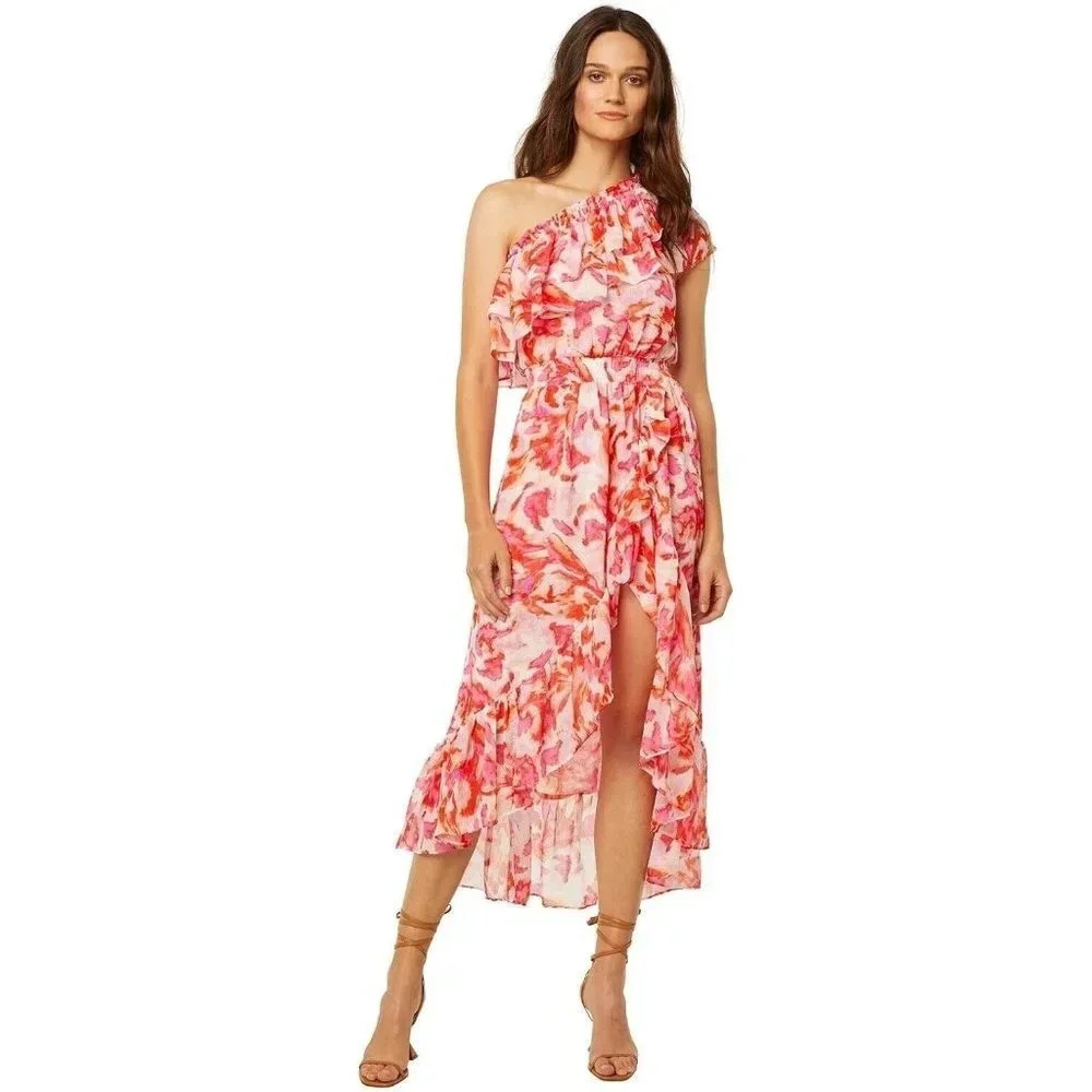 MISA Los Angeles Midi Dress Rumi Floral Maldive Marble One Shoulder High Low M